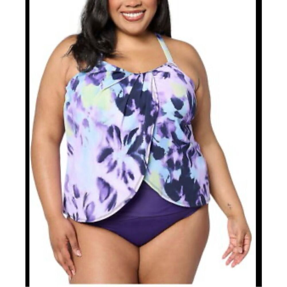 D & Co Purple Floral Padded Tankini Top Size 8 New